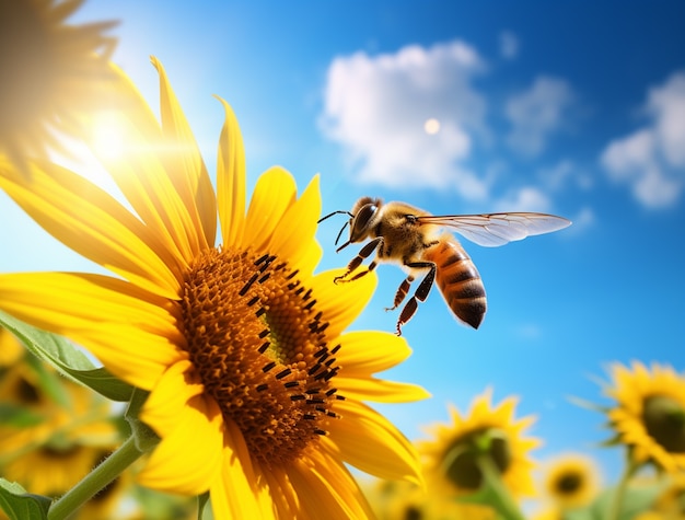 Gratis foto close-up van de bij die nectar verzamelt