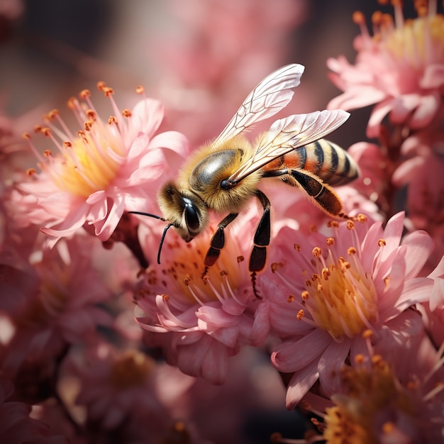 Gratis foto close-up van de bij die nectar verzamelt