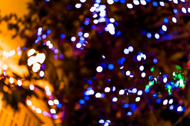 Gratis foto close-up van defocused feeënlicht op boom