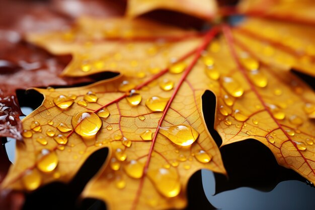 Close-up van droge herfstbladeren met dauwdruppels