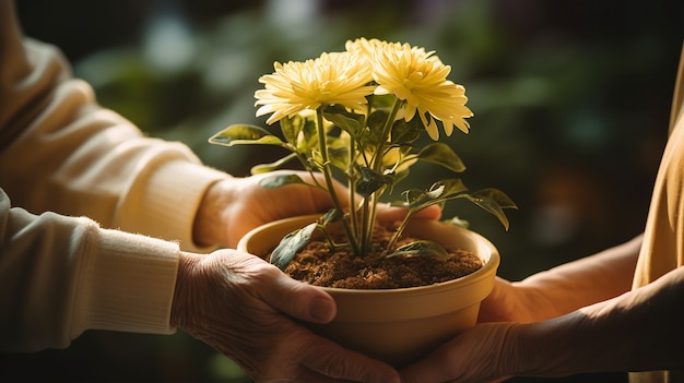 Close-up van een echtpaar met een boeket bloemen