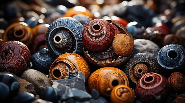 Close-up van een groep kleurrijke stenen kralen op het strand
