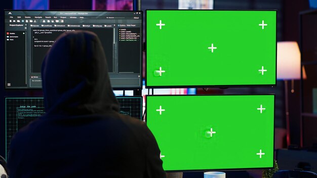 Close-up van een hacker die code uitvoert in een appartement op pc-monitors