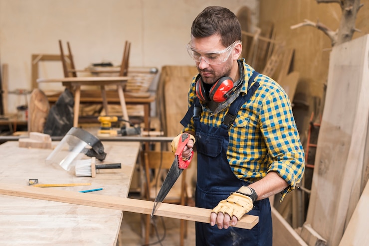 Gratis Foto close-up van een klusjesman die lange houten plank zagen