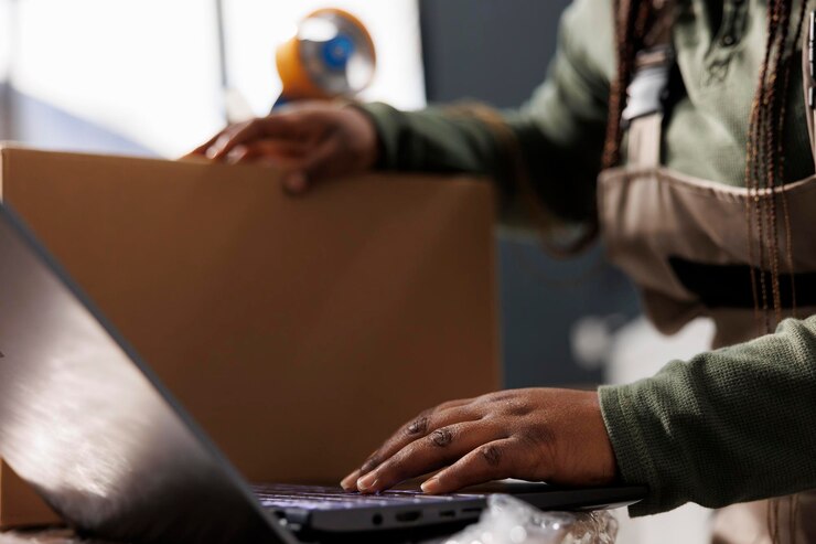 Gratis Foto close-up van een magazijnmedewerker die de logistiek van goederen analyseert
