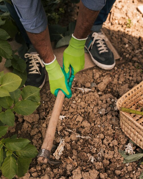 Close-up van een mannelijke tuinman die de grond met schoffel graaft