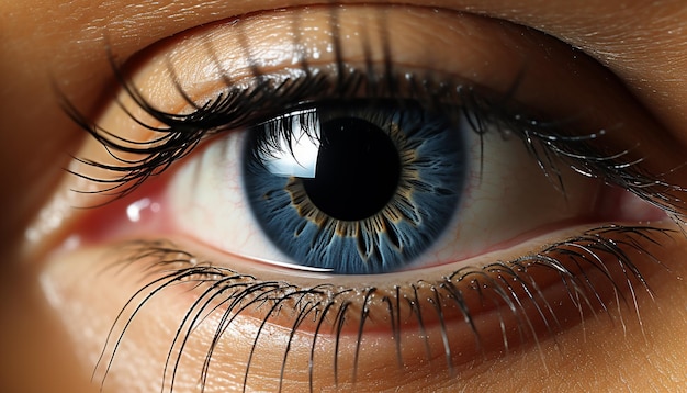 Gratis foto close-up van een menselijk oog dat naar de blauwe iris van de camera kijkt, gegenereerd door kunstmatige intelligentie