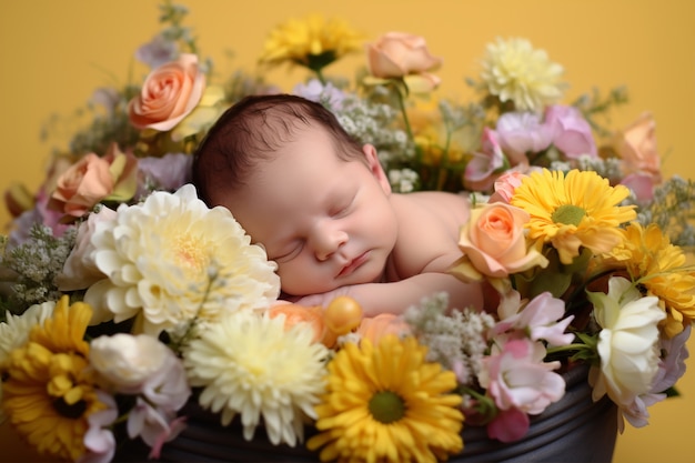 Close-up van een pasgeboren baby omringd door bloemen