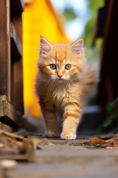 Close-up van een schattig katje dat buiten loopt