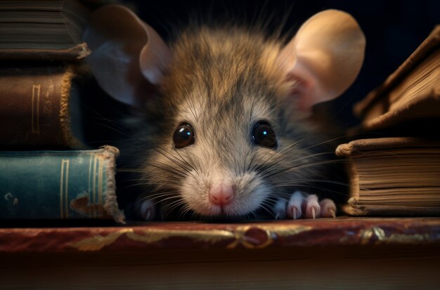 Close-up van een schattige rat achter boeken.