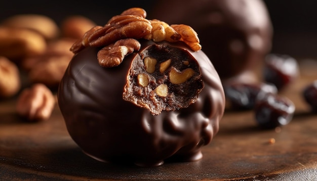 Close-up van een zelfgemaakte donkere chocolade dessert op een houten tafel gegenereerd door kunstmatige intelligentie