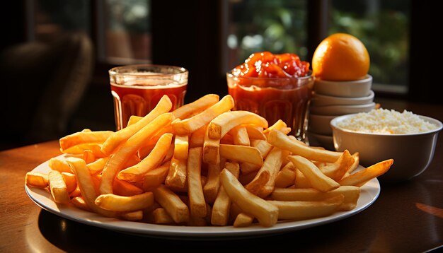 Gratis foto close-up van gourmet friet op een houten tafel gegenereerd door kunstmatige intelligentie