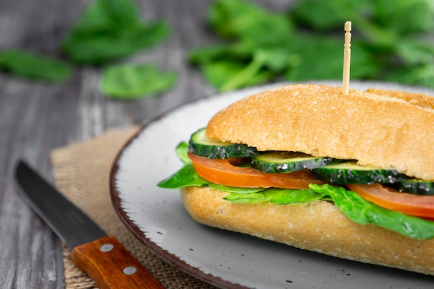 Close-up van heerlijke sandwich met plakjes komkommer en tomaat