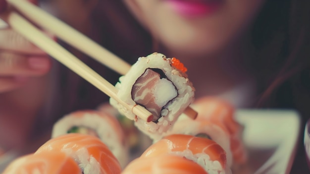 Gratis foto close-up van iemand die sushi eet.