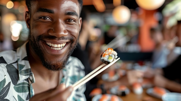 Gratis foto close-up van iemand die sushi eet.