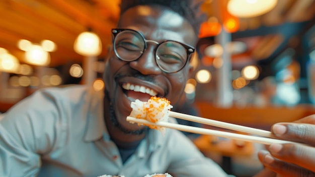 Gratis foto close-up van iemand die sushi eet.