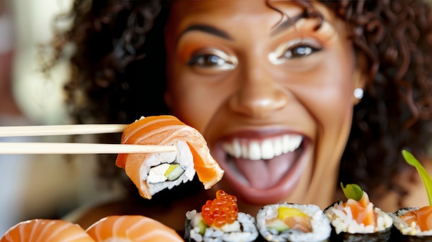 Gratis foto close-up van iemand die sushi eet.