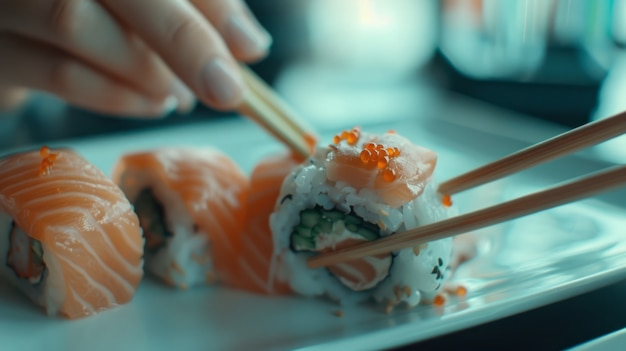 Close-up van iemand die sushi eet.