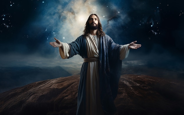 Close-up van Jezus die over de wereld kijkt