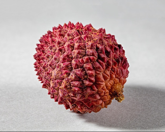 Close-up van lychee van tropisch sappig fruit gepresenteerd op een grijze achtergrond met kopieerruimte Focus stacking fullsize 50 pm