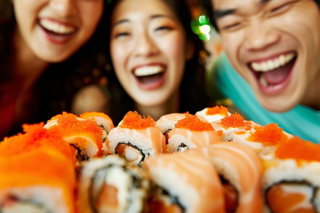 Gratis foto close-up van mensen die sushi eten.