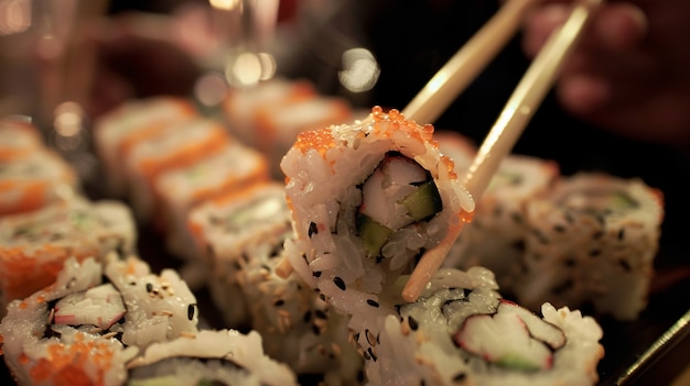 Gratis foto close-up van mensen die sushi eten.