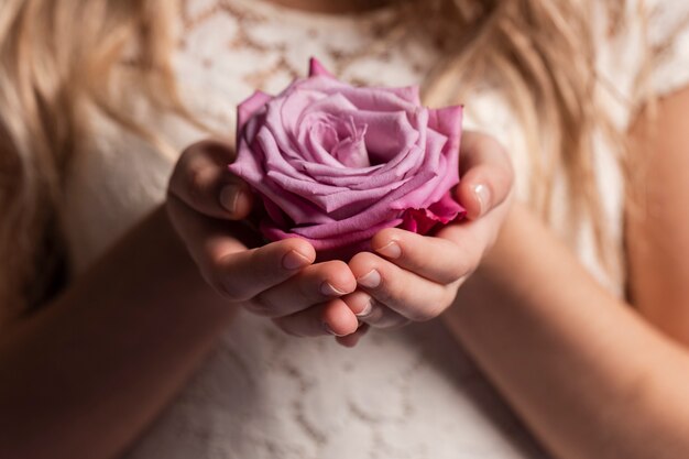 Close-up van roos in handen van de vrouw