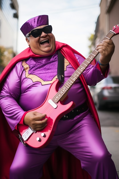 Gratis foto close-up van superheld die op gitaar zingt