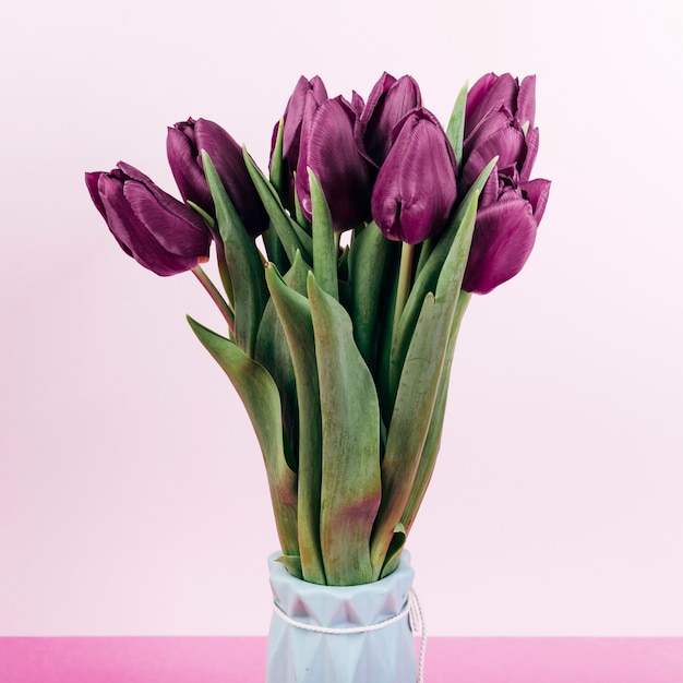 Close-up van verse rode tulpenbloemen in vaas op roze achtergrond