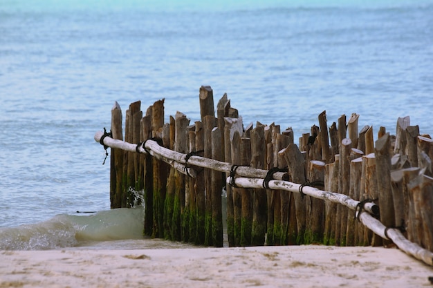 Gratis foto close-up van verticale houten planken van een onafgewerkt dok op het strand, omringd door de zee