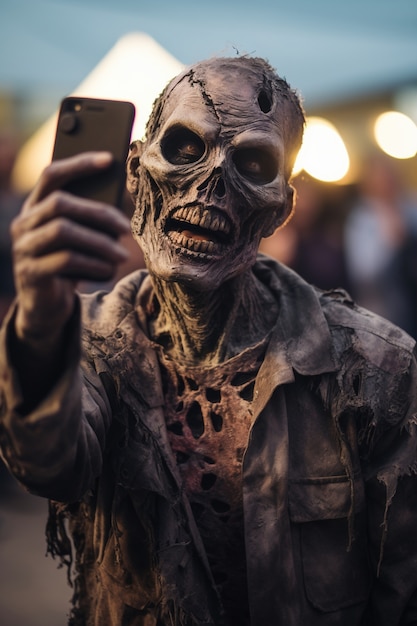 Gratis foto close-up van zombie die een selfie maakt