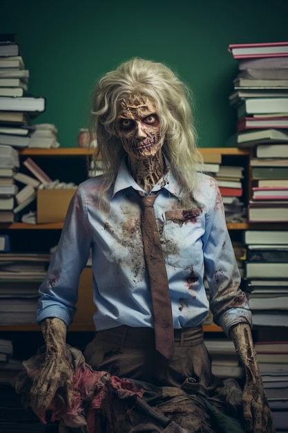 Gratis foto close-up van zombie die op kantoor werkt