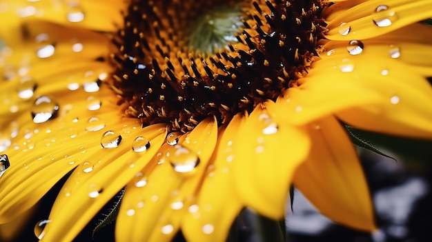 Close-up van zonnebloem met dauwdruppels