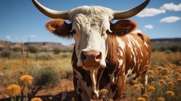 Close-upportret van een bruine koe met grote hoorns in het veld