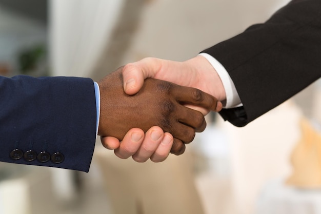 Close-upportret van zakenmensen die handen schudden Mensen die wederzijdse overeenstemming tonen tussen hun bedrijven of ondernemingen