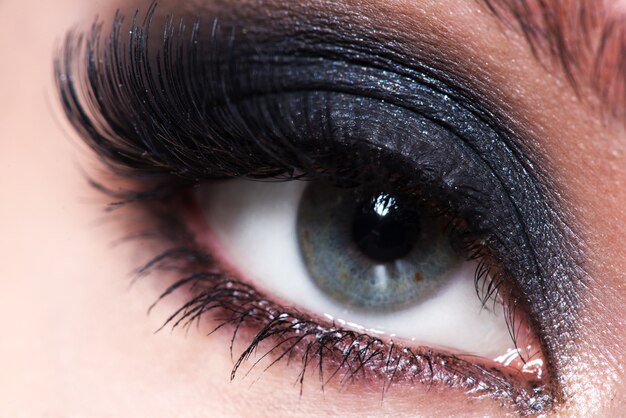 Closeup vrouwelijk oog met mooie mode make-up met lange valse wimpers.