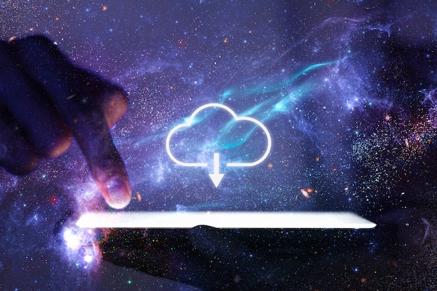 Cloud netwerk hand met behulp van telefoon technologie remix galaxy