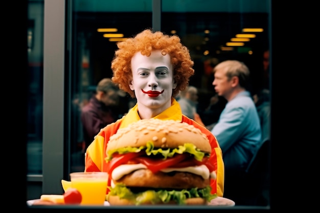 Gratis foto clown bij een hamburger maaltijd