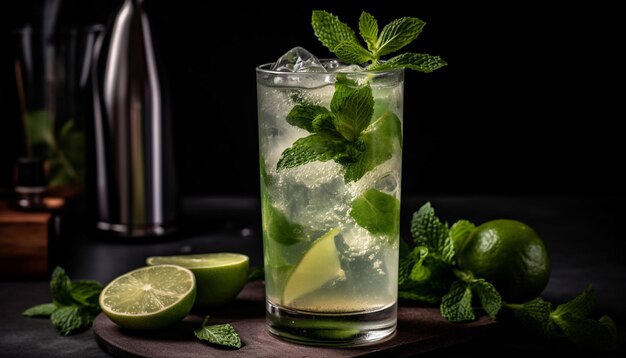 Cocktail ijs muntblad culinaire drank mojito limoen alcohol versheid gegenereerd door kunstmatige intelligentie