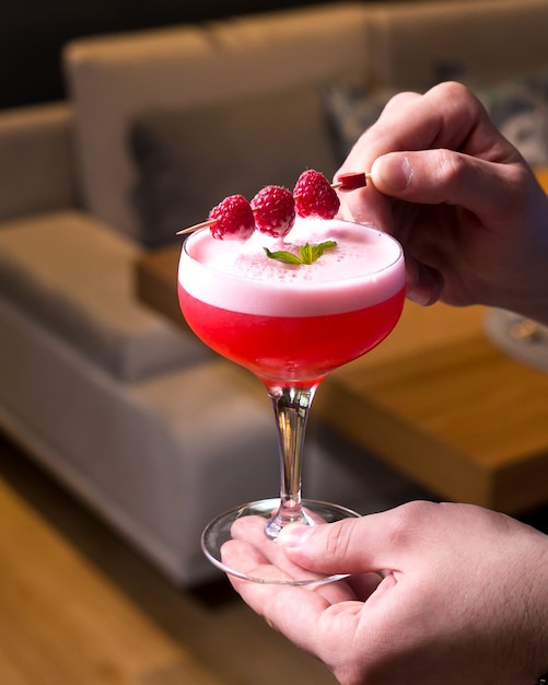 Cocktail klaver club jin frambozen siroop limoensap eiwit mint zijaanzicht