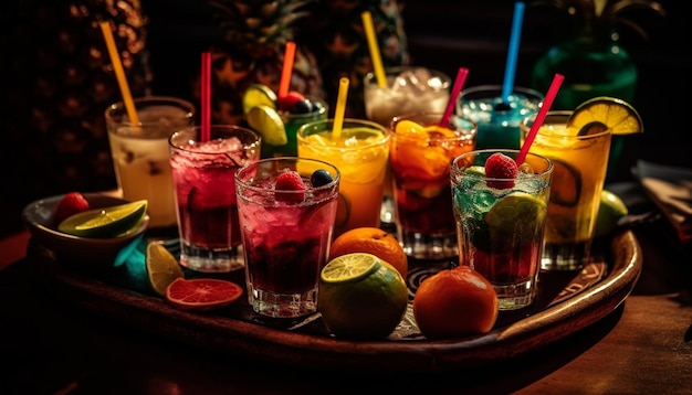 Cocktails met vers fruit domineren het nachtleven in de zomer, gegenereerd door AI
