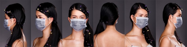 Collage group half body portret van 20s aziatische vrouw zwart lang haar bloem pedaal versieren. meisje draait 360 rond achterkant achteraanzicht veel blikken, draag beschermend gezichtsmasker over grijze geïsoleerde achtergrond