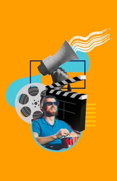 Collage over filmtijd met man en megafoon
