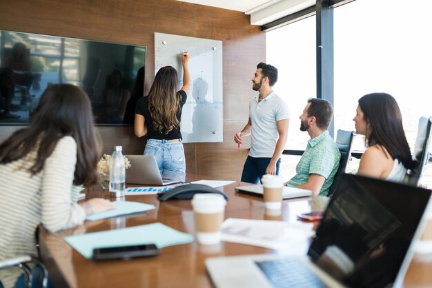 Collega's kijken naar zakenvrouw schrijven op whiteboard op kantoor tijdens presentatie