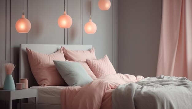 Comfortabele moderne slaapkamer met elegant beddengoed en verlichting gegenereerd door AI