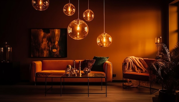 Comfortabele moderne woonkamer met elegante verlichtingsapparatuur gegenereerd door AI