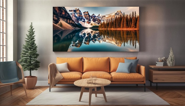 Comfortabele moderne woonkamer met levendige natuurlijke kleuren gegenereerd door AI