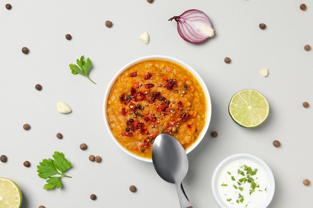 Concept van lekker eten zoete aardappelpuree bovenaanzicht