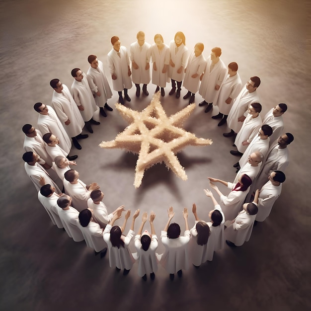 Conceptueel beeld van een groep zakenmensen die een cirkel rond een ster vormen