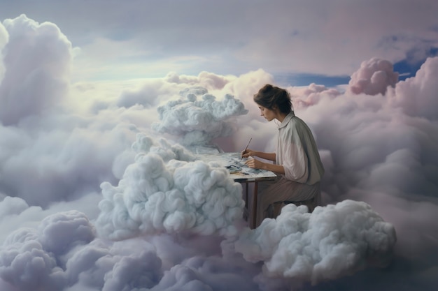 Conceptuele scène met mensen in de lucht omringd door wolken met een dromerig gevoel